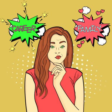 Genç bir kız bir aile ya da kariyer seçer. Kaderin seçimi. Pop art kahverengi arka plan, nokta. Komik tarzın taklidi. Vektör