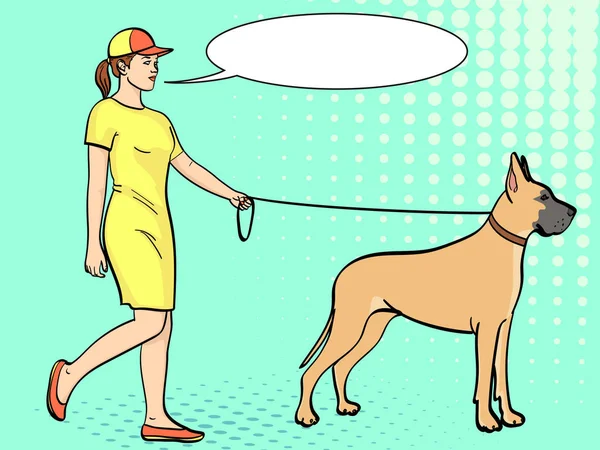 Fondo de arte pop. Una mujer con un vestido deportivo, camina una mascota con una correa. Gran raza danesa de perro doméstico. Vintage, estilo cómico, burbuja de texto vectorial — Vector de stock