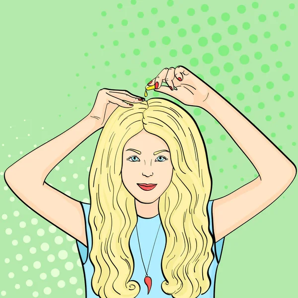 Fondo de arte pop. La chica usa cápsulas para nutrir y fortalecer el cabello, el cuero cabelludo y las uñas. Vector — Vector de stock