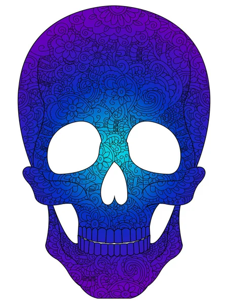 Libro para colorear antiestrés para adultos. Coloreado en tonos azules. Calavera humana, Halloween, pintado con patrones, flores . — Vector de stock