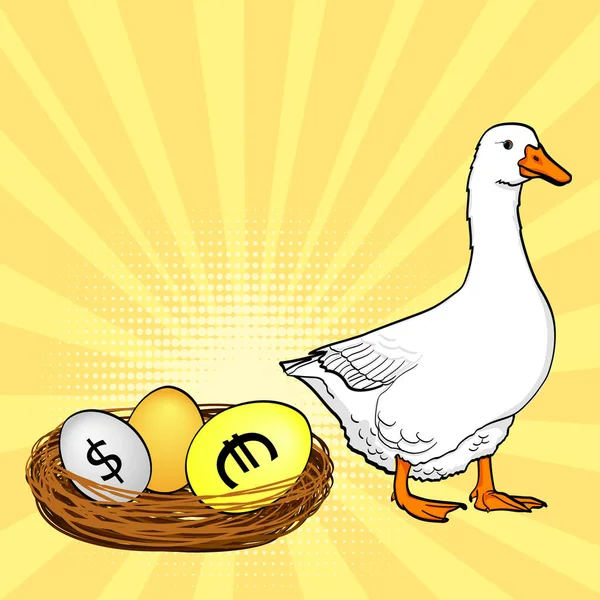 Белый гусь несет валютные яйца, доллар, евро, золото. Поп-арт фон. Имитация стиля комиксов . — стоковый вектор