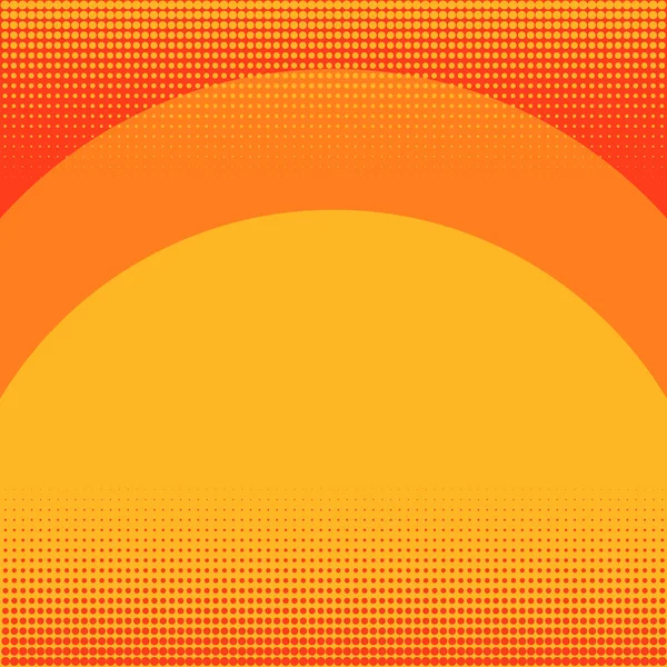 Latar belakang seni pop oranye dengan warna merah. Matahari terbenam, pelangi dan garis bayangan. Imitasi gaya komik. Vektor - Stok Vektor