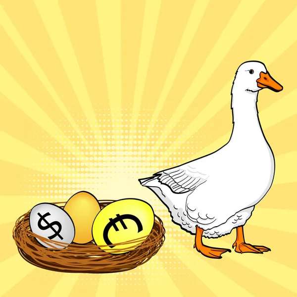 O ganso branco tem ovos de moeda, dólar, euro, ouro. Fundo de arte pop. Imitação do estilo quadrinhos . — Vetor de Stock