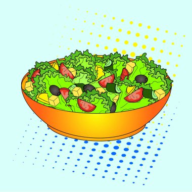Pop art Greek salad or Horiatiki salad. Proper nutrition. Food raster. imitation comic style. clipart