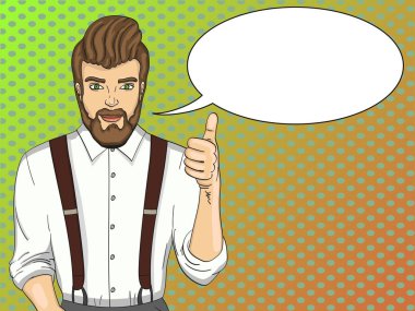 Pop art raster. Reklam Güzellik Salonu, Kuaför, berber dükkanı. Metin kabarcık. Modeli, adam, sakal, saç kesimi, elbise ve pantolon askısı.