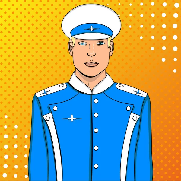 Pop art flyer man in het blauwe uniform. Imitatie komische stijl. Raster vliegtuig piloot of vlieger — Stockfoto