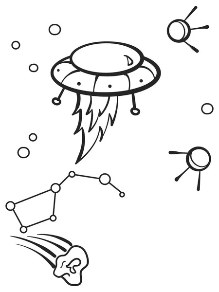 Transporte espacial, extraterrestres en el cielo. Constelación y raster de cometas. Niños de dibujos animados para colorear, blanco y negro —  Fotos de Stock