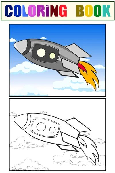 Transportera utrymme, raket i himlen. Moln och astronaut raster. Tecknad barn målarbok, färg, svartvitt och — Stockfoto