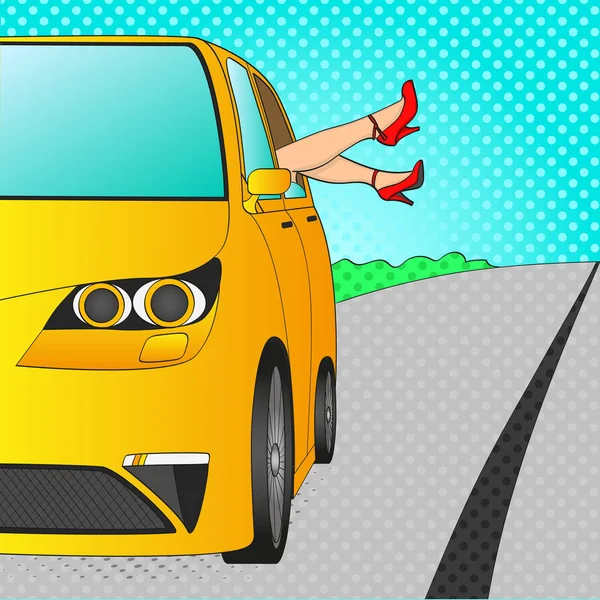 Auto für den Urlaub mit Beinen aus dem Fenster. Frauenfüße. Pop-Art-Raster. Imitation Comic Reise zum Meer — Stockfoto