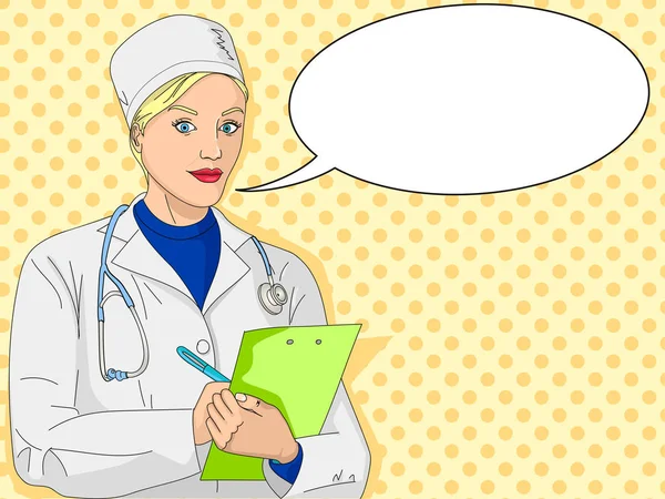 Woman doctor. A girl in a dressing gown and medical clothes. Text bubble. Pop art raster — Stock Photo, Image