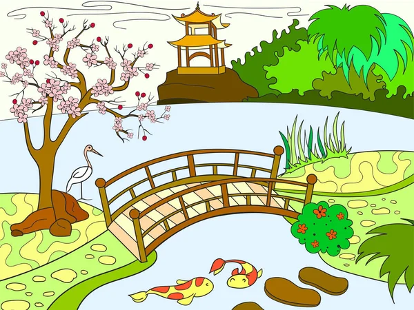 Natureza do Japão livro de cores para desenhos animados infantis. raster jardim japonês — Fotografia de Stock