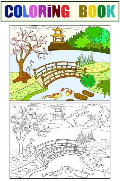 Natura del Giappone libro a colori per bambini cartone animato. Giardino giapponese Colorazione, bianco e nero — Foto Stock