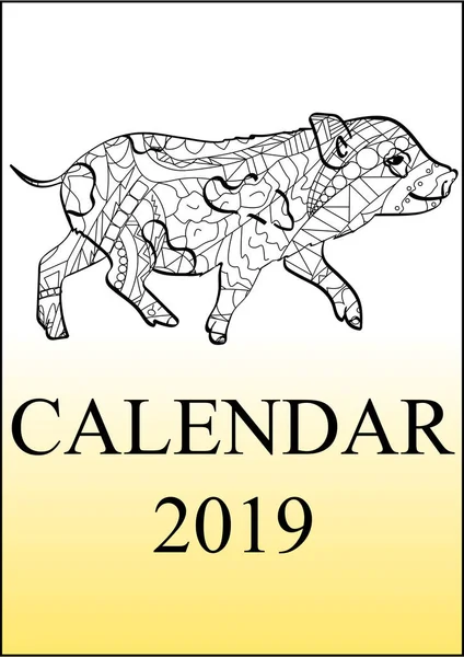 Kalender cover 2019 jaar. Anti-stressprogramma kleuren varken, landbouwhuisdieren. Vector — Stockvector