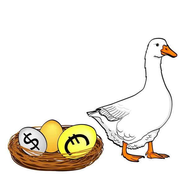 Isolerade objekt på vit bakgrund, sommar färg. Den vita gåsen bär valuta ägg, dollar, euro, guld. — Stock vektor