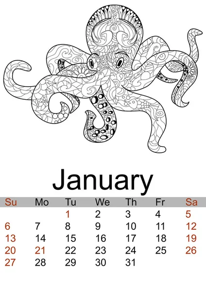 Kalender januari 2019 jaar. Antistress kleurplaat octopus, zee dier, molusk. Vector — Stockvector