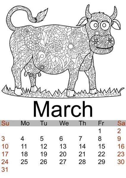 Agenda maart maand 2019. Anti-stressprogramma kleuren koe, stier. Boerderij dier. Vector — Stockvector