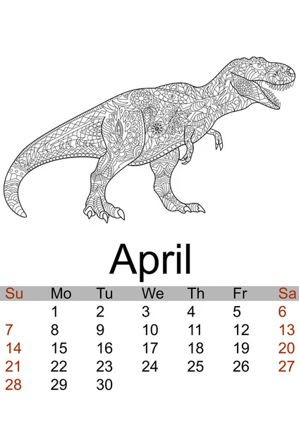 Kalender April maand 2019. Anti-stressprogramma kleuring van prehistorische dier, draak, dinosaurus. Vector — Stockvector