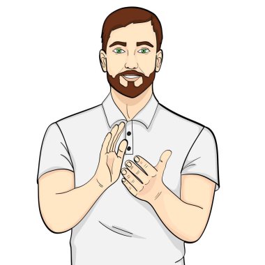 Beyaz arka plan üzerinde izole nesne. Genç adam alkış. Vektör