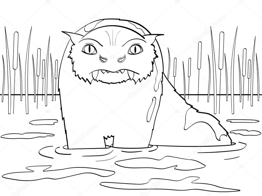 children coloring, black lines. Natural landscape, marsh. Bunyip, an animal from the mythology of the Australian Aborigines. Vector