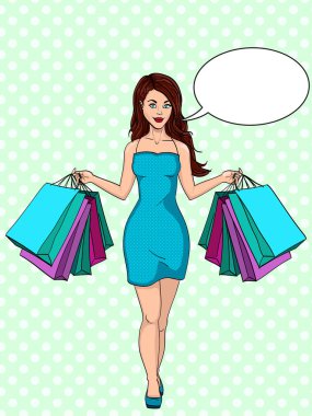 Girl with shopping. I bought a lot of clothes. Gift bags. Fashion illustration. Pop art. Text bubble. clipart