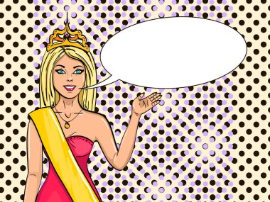 Bayan güzellik dünya. Kız modelleri yarışmasının galibi. Raster, pop art. Çizgi roman tarzı. Metin kabarcık.