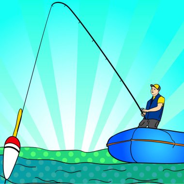 Pop art olta balıkçılığı kişi sakin göl su siluet bir teknede çubuk ile. Karikatür basit en az. Fisher görüntü çizgi roman
