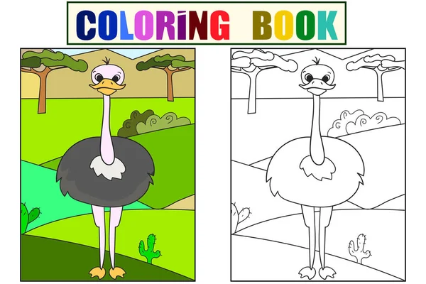 Παιδιά εικόνα κινουμένων σχεδίων ζώο Safari. Η κοινή στρουθοκάμηλος είναι το περπάτημα στην εκκαθάριση. Raster χρωματισμό, μαύρο και άσπρο πουλί — Φωτογραφία Αρχείου