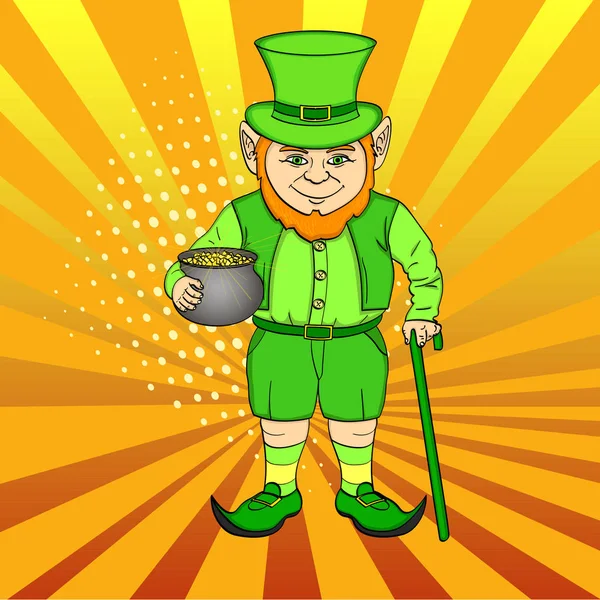 Skřítek pop-art. šťastný St. Patrick drží kotel plný zlatých mincí v jeho rukou. Imitace comic-styl rastru — Stock fotografie