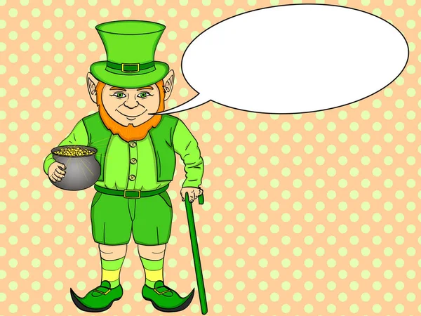 Leprechaun pop art. happy St. Patrick holds a cauldron full of gold coins in his hands. Imitation comic style raster. Text bubble. — Stock Photo, Image