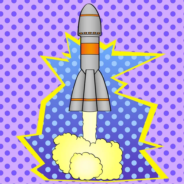 Pop art space rocket takes off from planet Earth. Comic book style imitation. Vintage retro style.