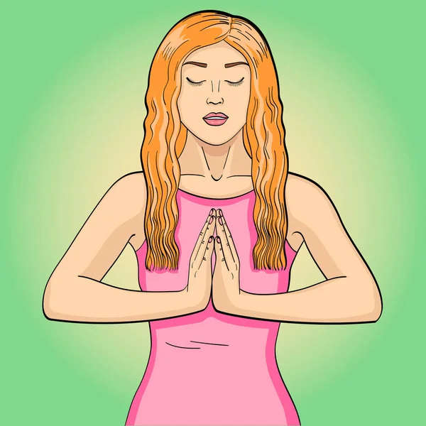 Vector de una joven morena haciendo yoga en la posición de loto en estilo pop art — Archivo Imágenes Vectoriales