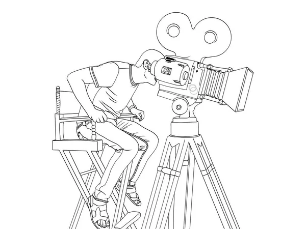 Режиссер на съёмочной площадке поп-арта. детская раскраска, черные линии. видеооператор и фотоаппарат на ногах — стоковый вектор