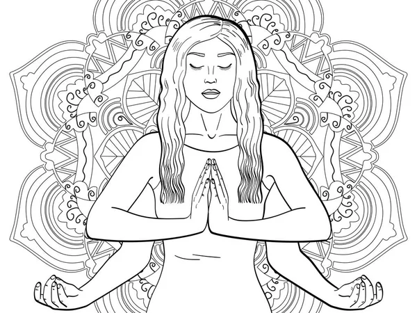 Lakshmi una mujer con cuatro manos en el hinduismo. Pose en yoga. niños colorear, líneas negras, fondo de arte a tope. Mandala de ilustración vectorial — Vector de stock