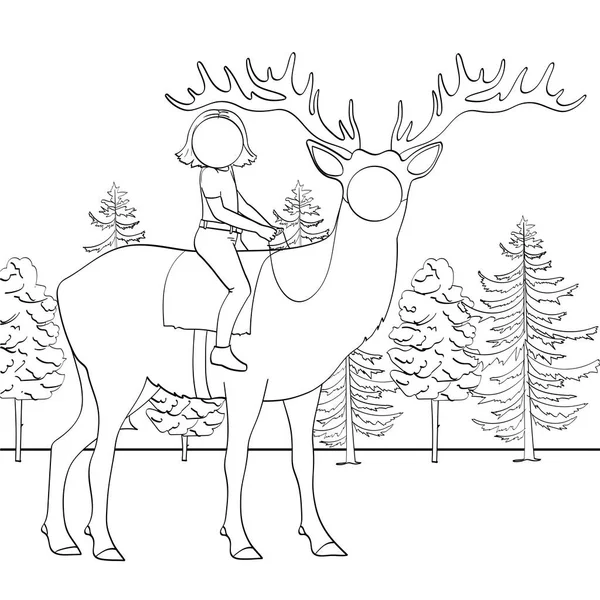 Tantamaresk pie para la fotografía con un agujero para la cara. Tema navideño. Niña, niño montando un ciervo, naturaleza, bosque, primavera, verano. Niños vectores para colorear, líneas negras . — Vector de stock