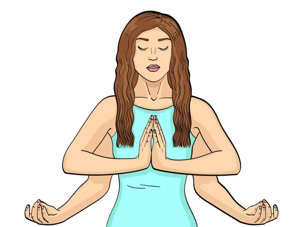 Lakshmi een vrouw met vier handen in het hindoeïsme. Poseren in yoga. geïsoleerde object op een witte achtergrond. Vectorillustratie — Stockvector