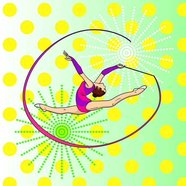 Ginnastica ritmica pop art, ragazza con un nastro su spago. Colore sfondo. Imitazione stile fumetto . — Foto Stock