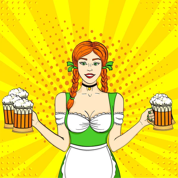 Pop art Germany Girl waitress carries five beer glasses. Concept oktoberfest. Comic book style imitation. — Stock Photo, Image
