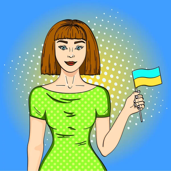 ポップアート幸せな若い女の子ウクライナの旗とカメラを見てします。コミック スタイルの模倣 — ストック写真
