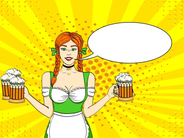 Popart Duitsland meisje serveerster draagt vijf bierglazen. Concept oktoberfest. Comic book stijl imitatie. Tekst zeepbel. — Stockfoto