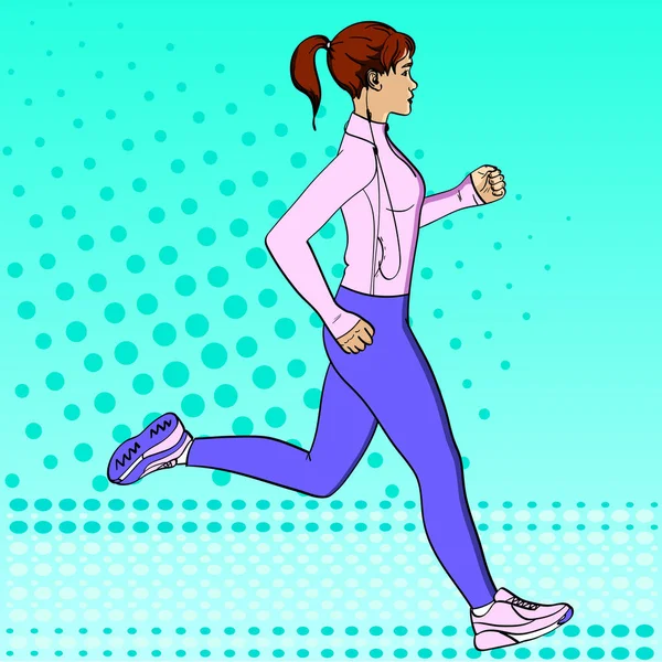 Sport girl jogging pop art retro raster illustration. Comic book style imitation. In sports clothes with headphones and a player — Stock Photo, Image