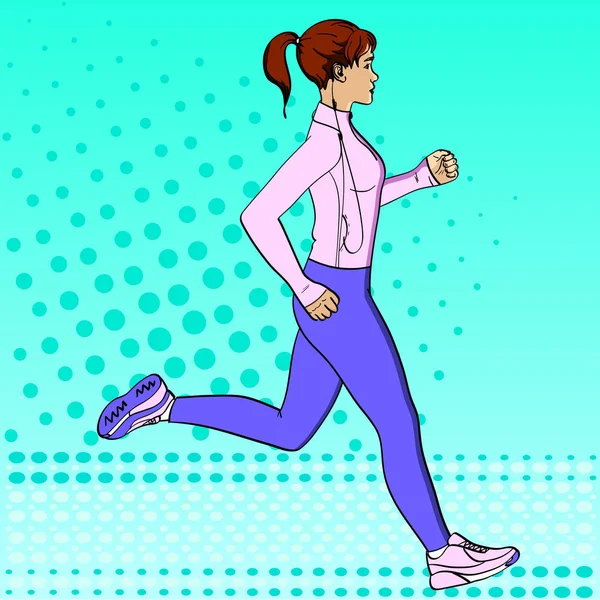 Dziewczyna sport jogging ilustracja retro raster pop-artu. Naśladowania stylu komiksów. W odzieży sportowej z słuchawki i odtwarzacz — Zdjęcie stockowe