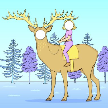 Tantamaresk yüz için bir delik ile fotoğrafçılık için stand. Noel Tema. Kız, sürme bir geyik, Doğa, orman, Sonbahar Kış çocuk. Vektör
