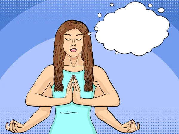Lakshmi una mujer con cuatro manos en el hinduismo. Pose en yoga. imitación de estilo cómics, fondo de arte a tope. Ilustración vectorial burbuja de texto — Vector de stock