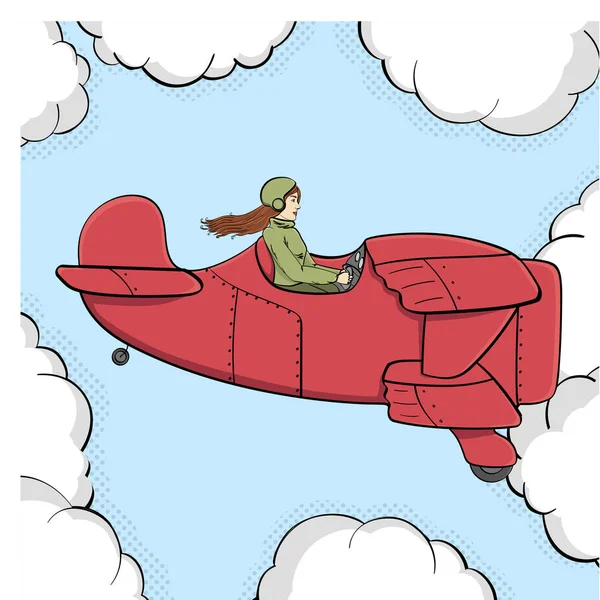 Fundo de arte pop, imitação de quadrinhos. A rapariga militar voa no velho avião. Céu e nuvens. Vetor —  Vetores de Stock