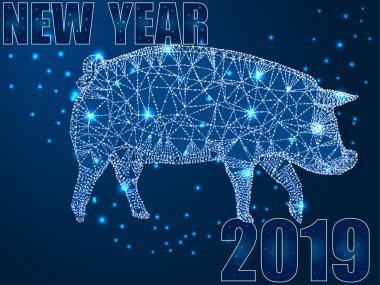 Mutlu çene yeni yıl 2019 Zodyak işareti. Soyut poligonal illüstrasyon imha şekillerle yıldız koyu mavi zemin üzerine