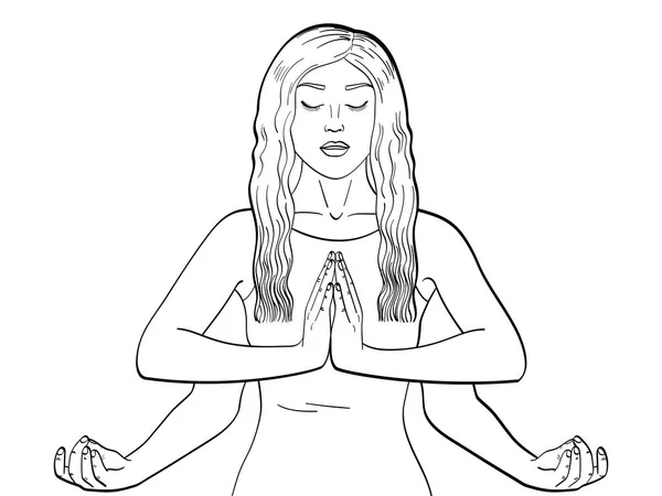 Lakshmi una mujer con cuatro manos en el hinduismo. Pose en yoga. niños colorear, líneas negras. Ilustración vectorial — Vector de stock