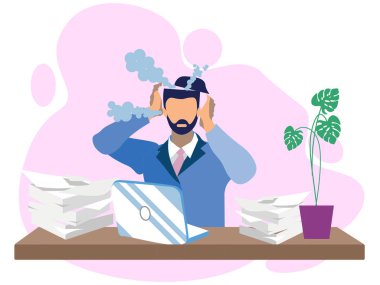 Aşırı iş yükü reworked dolaşmış metaforu. Erkek iş adamı, masaüstünde kazandı. Minimalist tarzı en iyi yolu kafasına kaynar. Karikatür vektör