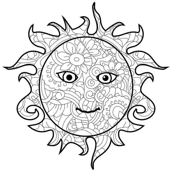 Felnőtt Antistressz színező minta, astrakhan nap. Illusztráció: fekete vonalak doodle, fehér háttér — Stock Fotó