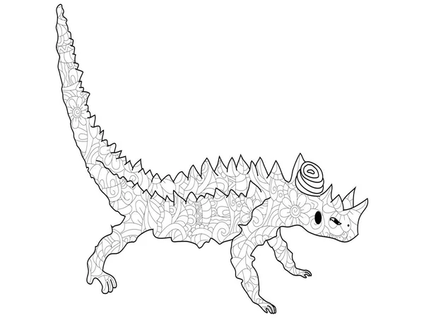 Adulto anti-stress coloração lagarto espinhoso diabo ou espinhoso dragão Moloch horridus padrão, astrakhan. Ilustração de linhas pretas — Fotografia de Stock