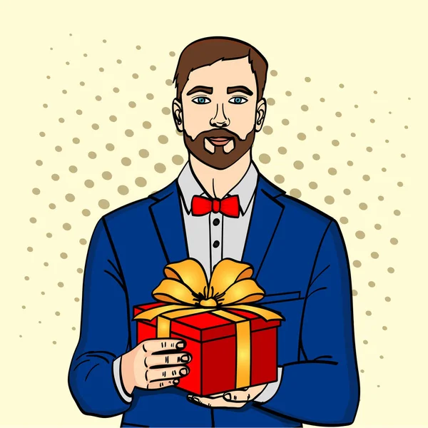 Man houdt grote geschenkdoos. Raster in retro komische pop-art stijl. Een man met kerst of verjaardag cadeau. — Stockfoto